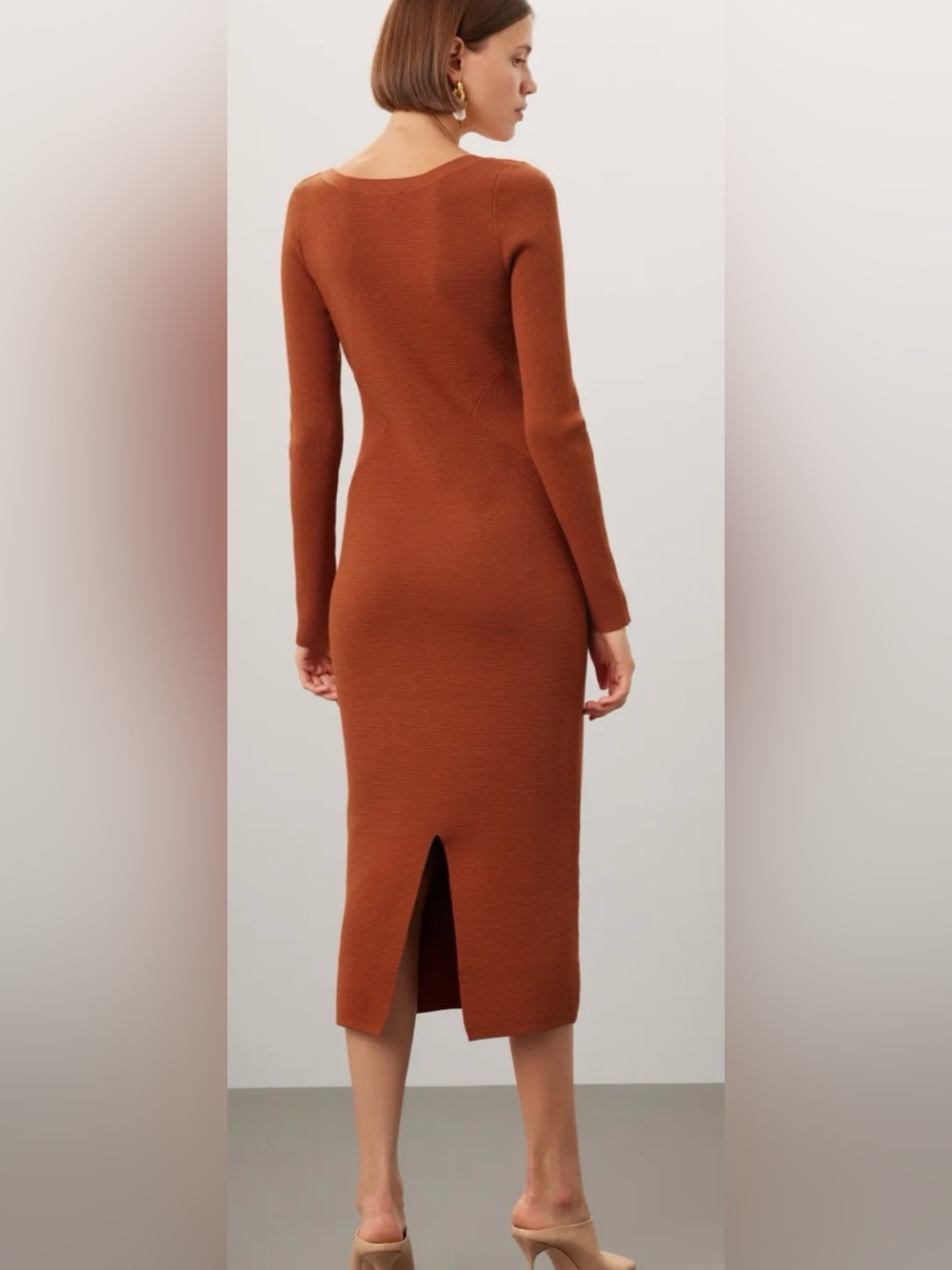 Toccin x RTR Square Neck Long Sleeve Knit Midi Bodycon Dress Rust Small $325 - Picture 3 of 5